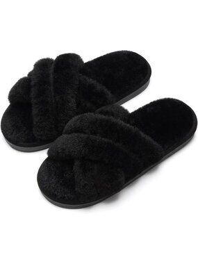 Womens Black Faux Fur Memory Foam Fuzzy House Slippers Soft Open-Toe Slippers